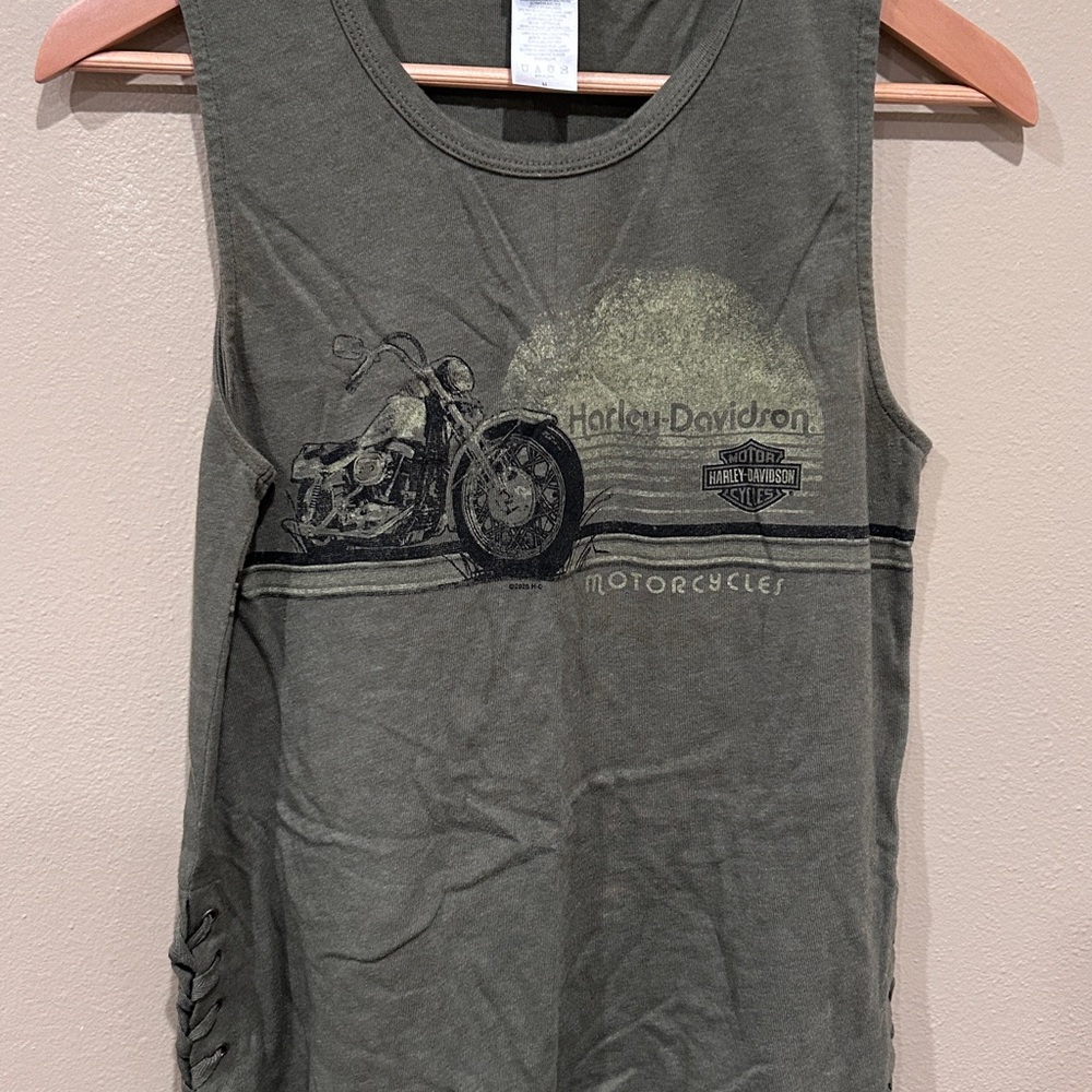 Harley-Davidson Hunter Green Tank Top Side Ties Biker Antelope Valley Size M EUC